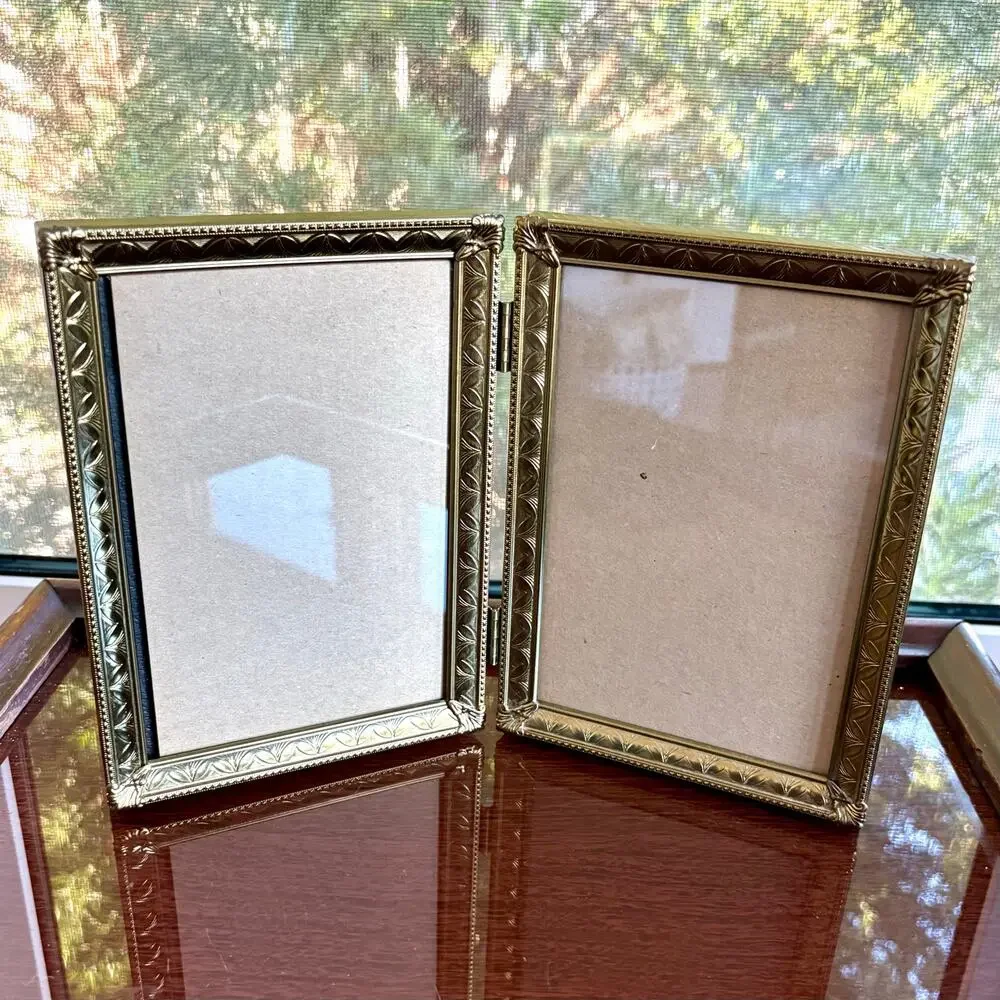 Vintage Hinged Double Picture Frame Gold Tone with Purple Velvet Back